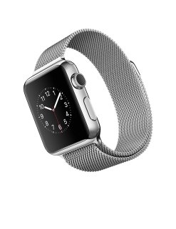 Silver apple watch with silver stainless steel metal band with magnetic closure